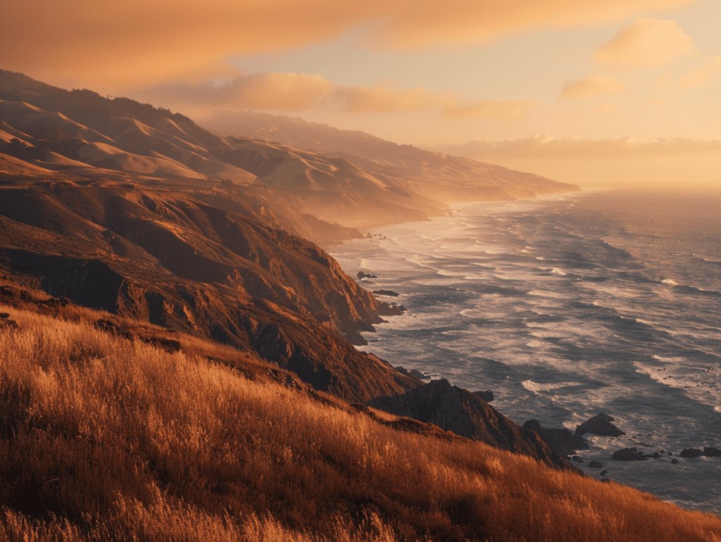 Big Sur coastline at sunset, golden hills meeting the Pacific, a calm landscape evoking readiness for psilocybin therapy in California.