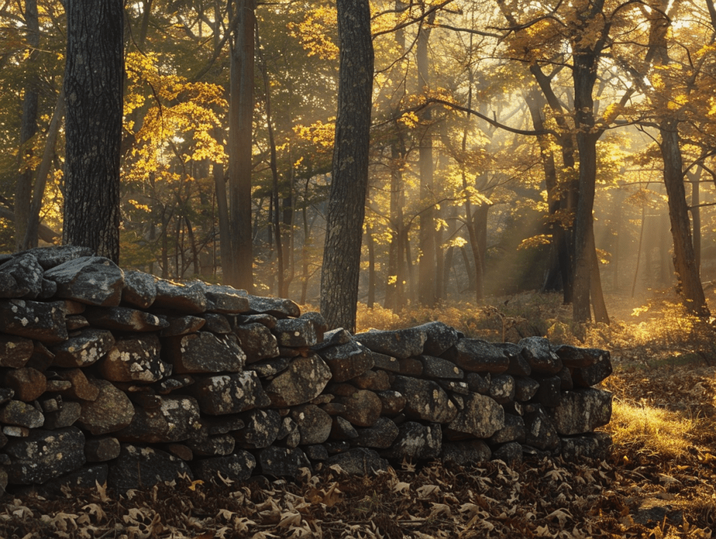 A New England autumn woodland and stone wall in soft morning light, a calm landscape evoking readiness for psilocybin therapy in Massachusetts.