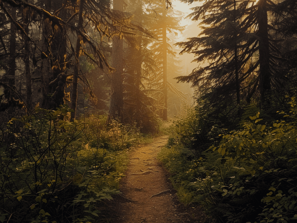 A misty forest trail with Mount Hood distant at dawn, a calm landscape evoking readiness for psilocybin therapy in Portland, Oregon.