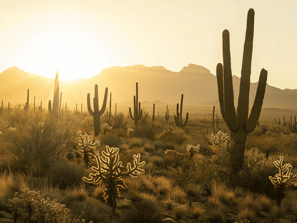 Sonoran desert at dawn, saguaro silhouettes and soft light, a calm landscape evoking readiness for psilocybin therapy in Arizona.