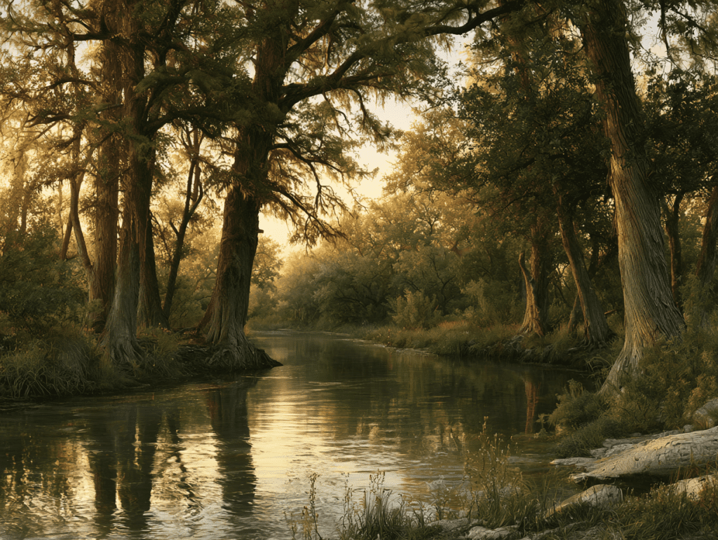 A Hill Country river bend among cypress at golden hour, a calm landscape evoking readiness for psychedelic therapy in Austin.