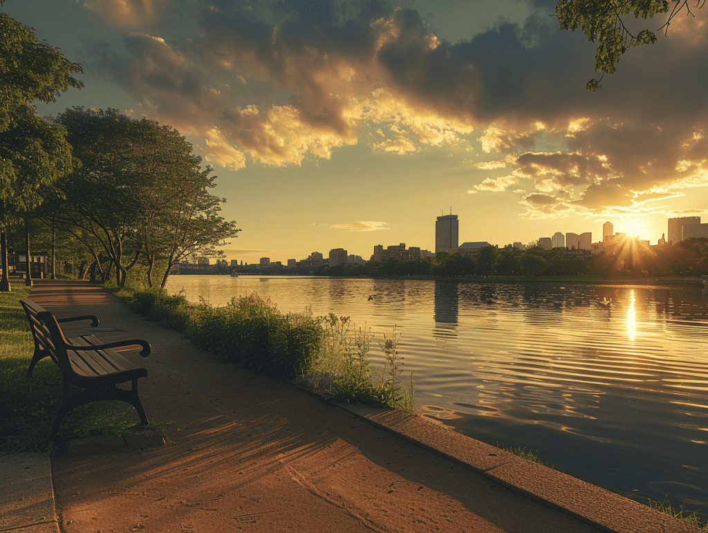 The Charles River at dawn, still water and soft skyline, a calm landscape evoking readiness for psychedelic therapy in Boston.