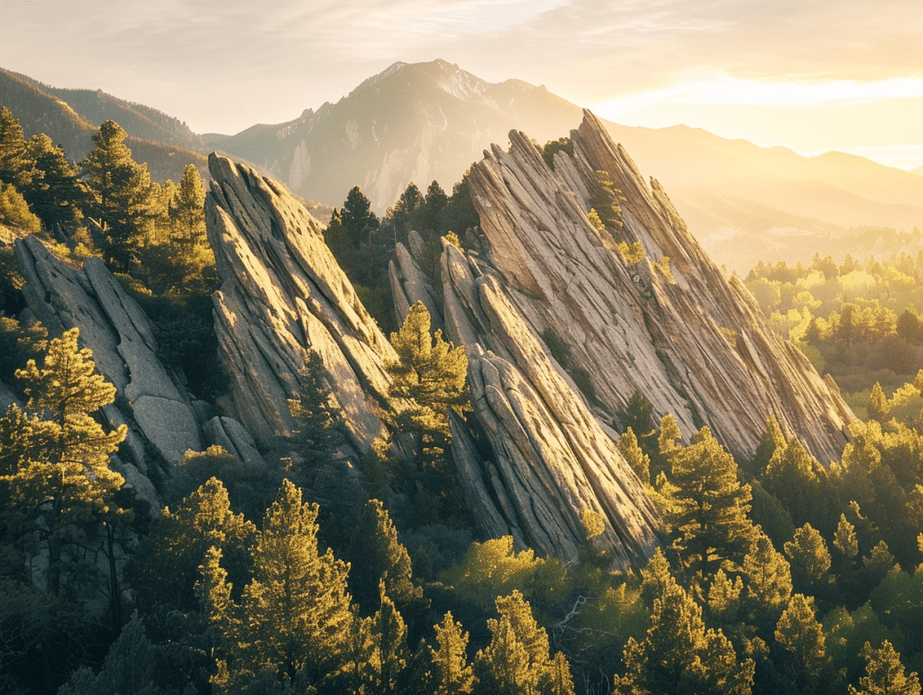 The Flatirons rock formations at dawn above pine slopes, a calm landscape evoking readiness for psychedelic therapy in Boulder.
