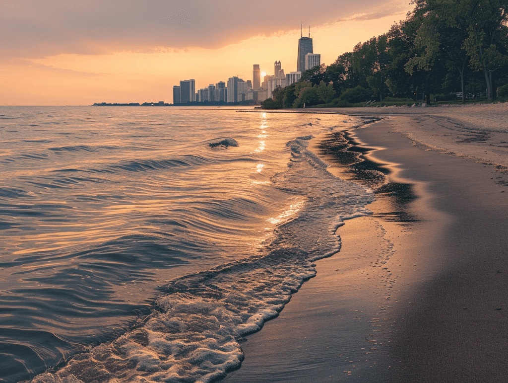 A calm Lake Michigan shore at dawn, soft skyline distant, a calm landscape evoking readiness for psychedelic therapy in Chicago.