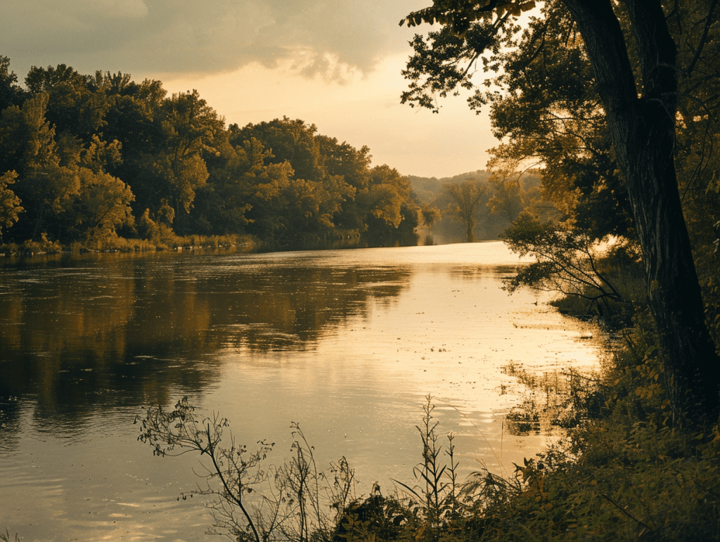 A calm Midwest river and woodland at golden hour, a calm landscape evoking readiness for psychedelic therapy in Columbus.