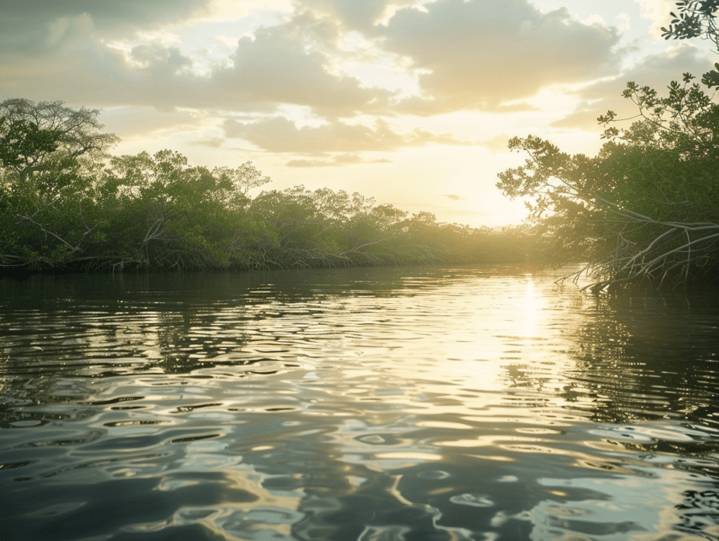 Serene mangrove wetlands at golden hour, glassy water, a calm landscape evoking readiness for psilocybin therapy in Florida.