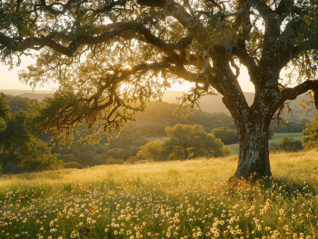 Hill Country at golden hour, oak trees and wildflower meadow, a calm landscape evoking readiness for psychedelic therapy in Texas.