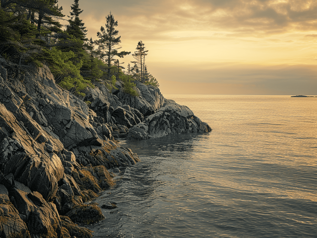 A rocky Atlantic coast and pines at dawn, calm sea, a calm landscape evoking readiness for psychedelic therapy in Maine.