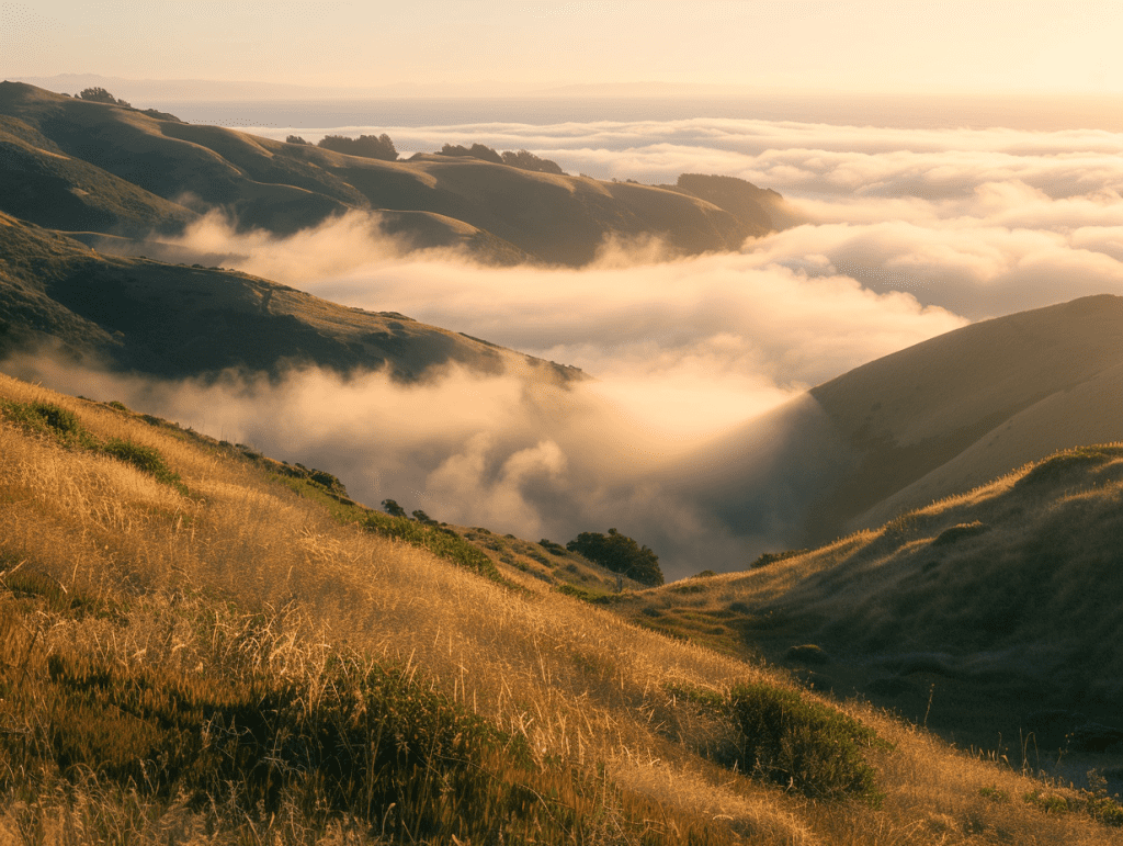 Rolling Marin headlands in coastal fog above the Pacific, a calm landscape evoking readiness for psychedelic therapy in Marin County.