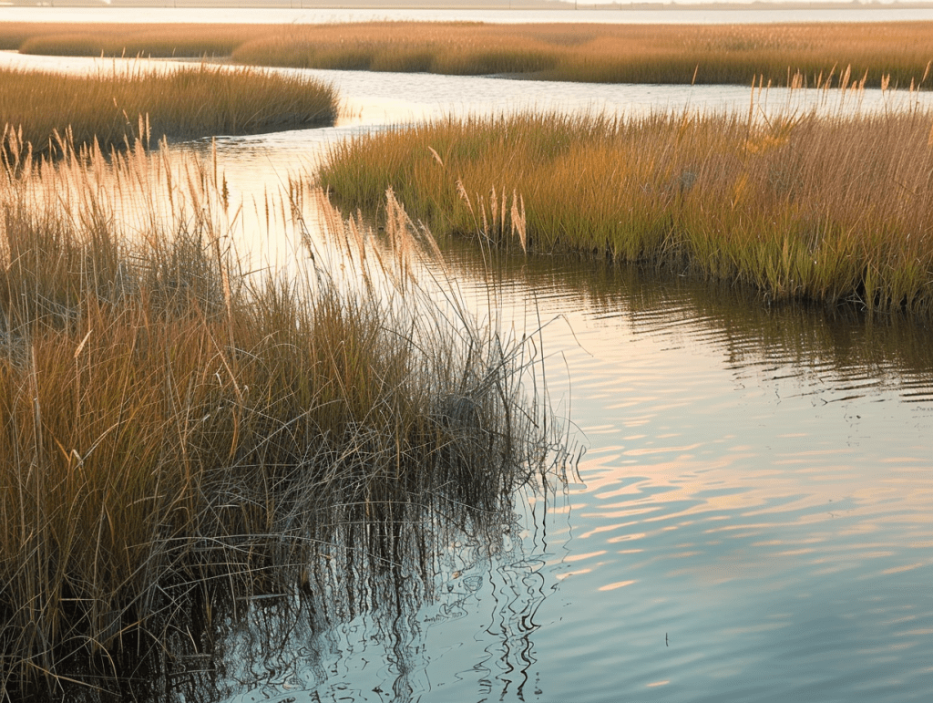 Chesapeake Bay marsh grasses at dawn, soft reflective water, a calm landscape evoking readiness for psychedelic therapy in Maryland.