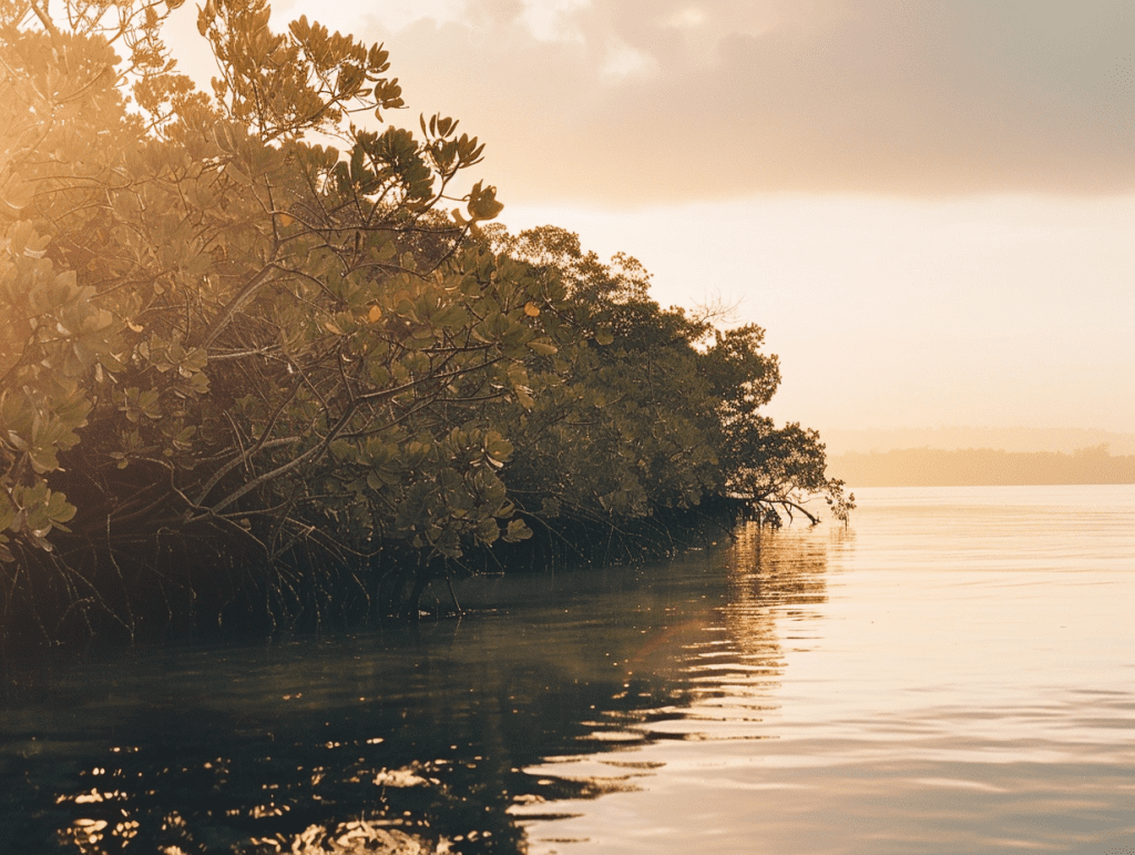 A serene mangrove coastline at dawn, soft pastel light, a calm landscape evoking readiness for psychedelic therapy in Miami.