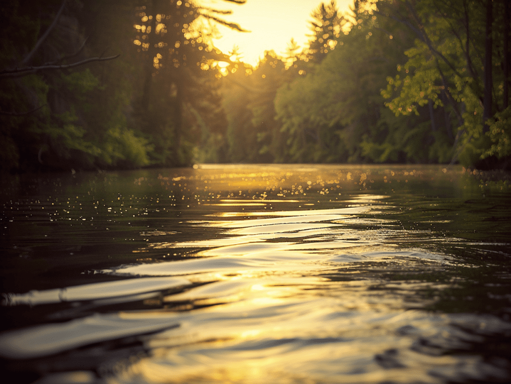 Michigan's Au Sable River at golden hour, gentle waves, a calm landscape evoking readiness for psychedelic therapy in Michigan.