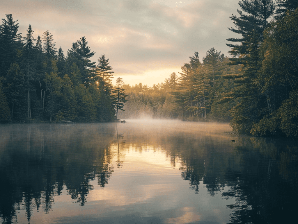 A still northern lake at dawn ringed by pines, low mist, a calm landscape evoking readiness for psychedelic therapy in Minnesota.