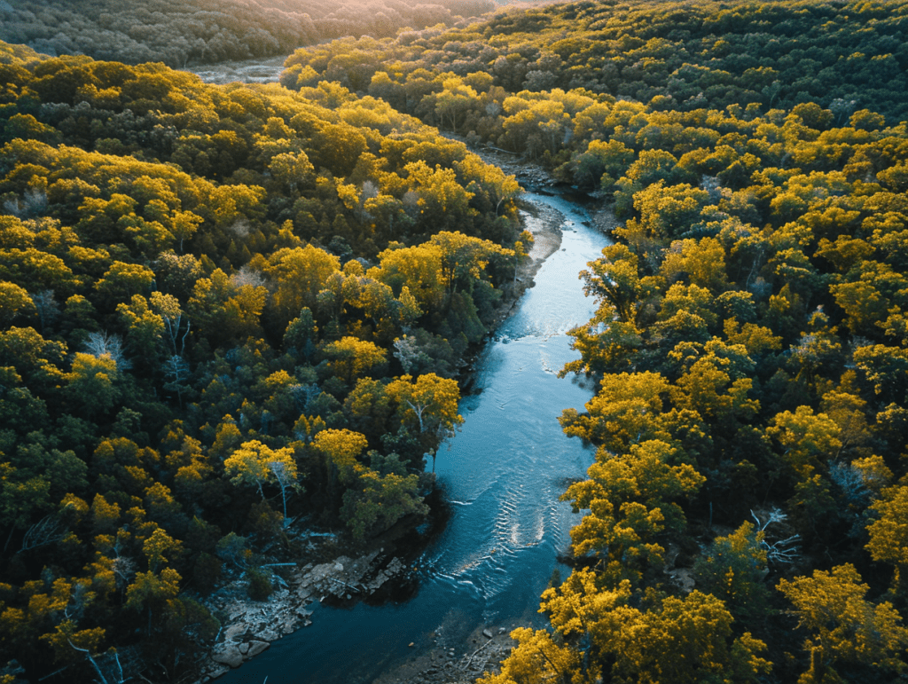 An Ozark river winding through forest at golden hour, a calm landscape evoking readiness for psychedelic therapy in Missouri.