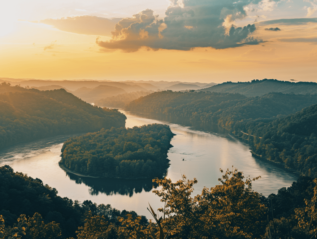 Rolling Tennessee hills and the Cumberland River at dusk, a calm landscape evoking readiness for psychedelic therapy in Nashville.
