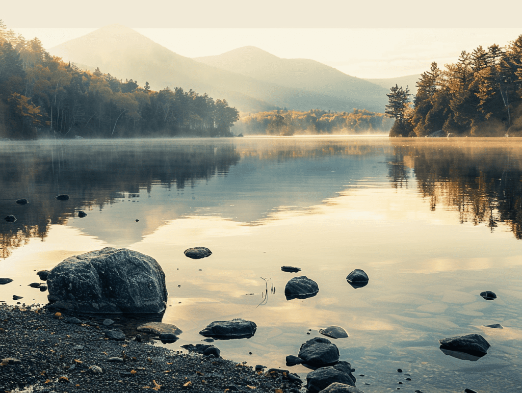 An Adirondack lake in autumn, calm water and distant peaks, a calm landscape evoking readiness for psychedelic therapy in New York.