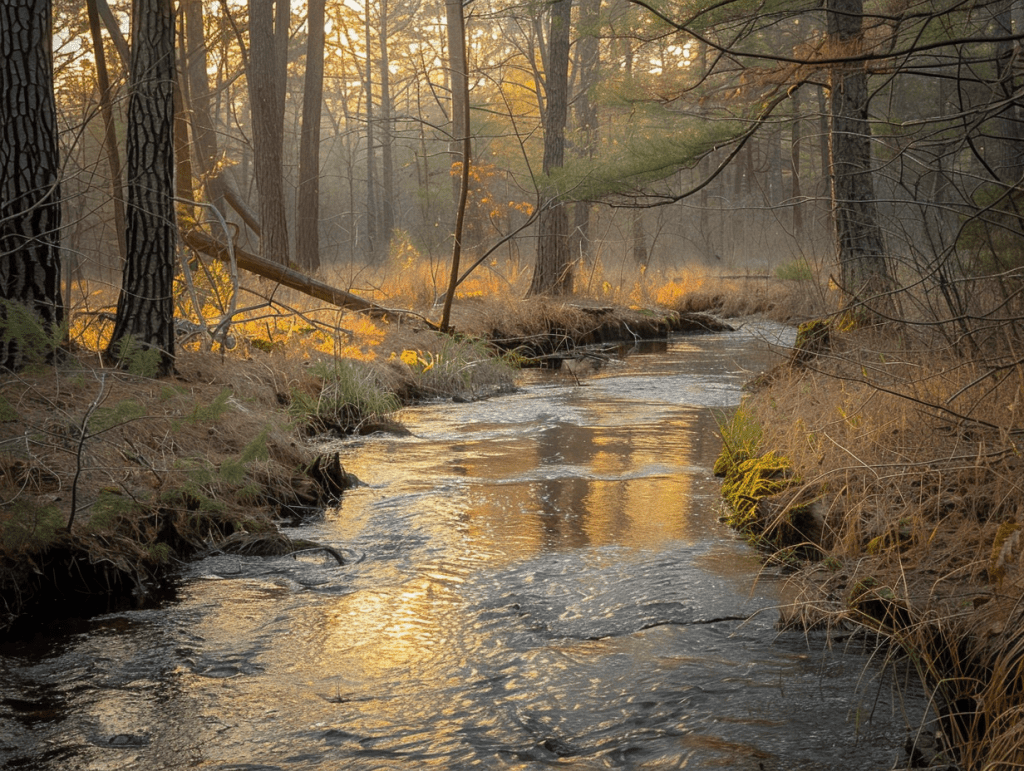 A quiet Pine Barrens stream at dawn, soft golden light, a calm landscape evoking readiness for psychedelic therapy in New Jersey.
