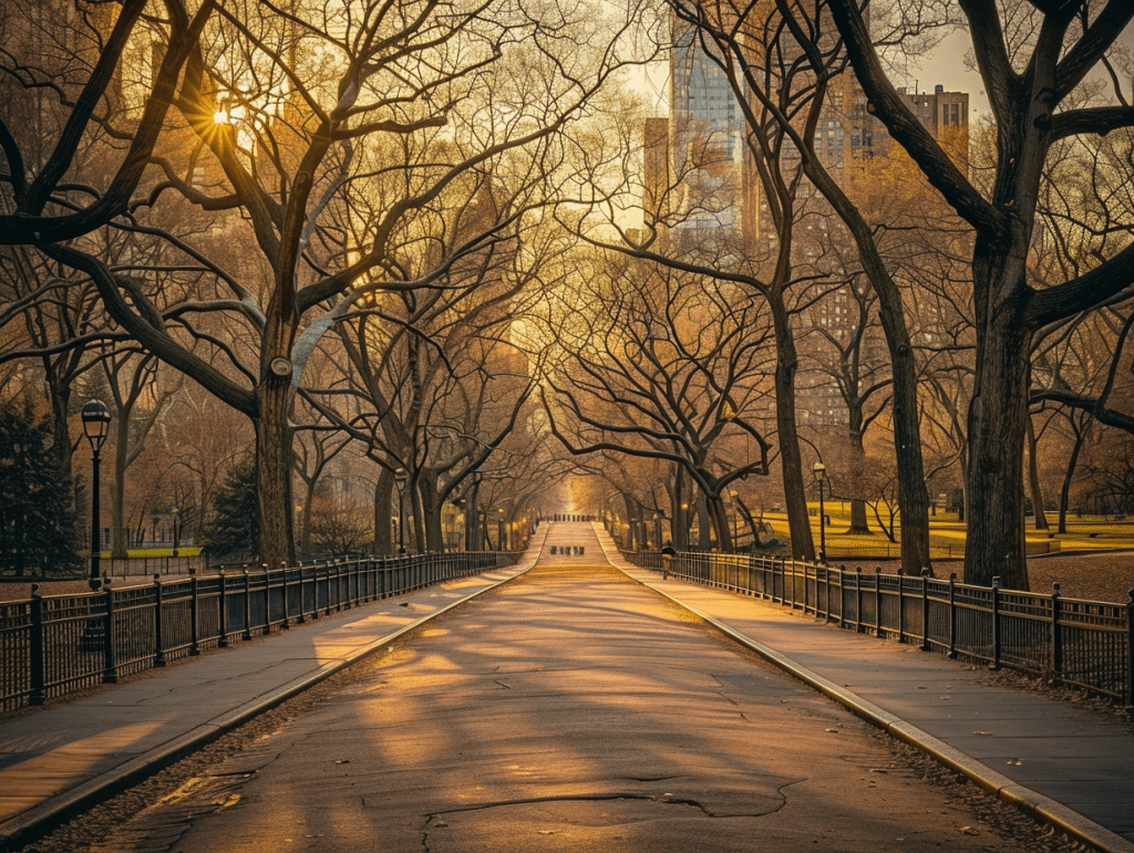 A quiet tree-lined Central Park path at golden hour, soft skyline beyond, a calm landscape evoking readiness for psychedelic therapy in New York City.
