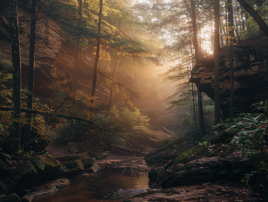 Hocking Hills gorge and sandstone cliffs in soft dawn mist, evoking calm and readiness for psychedelic therapy in Ohio.