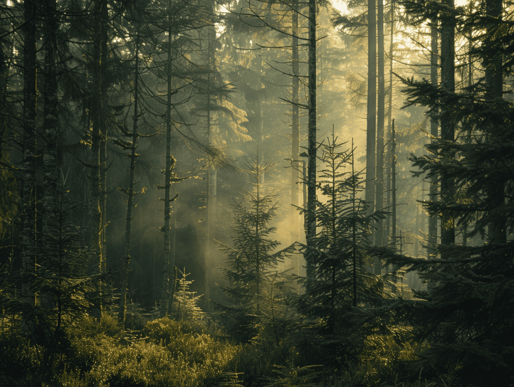 Misty old-growth evergreen forest with shafts of morning light, a calm landscape evoking readiness for psychedelic therapy in Oregon.