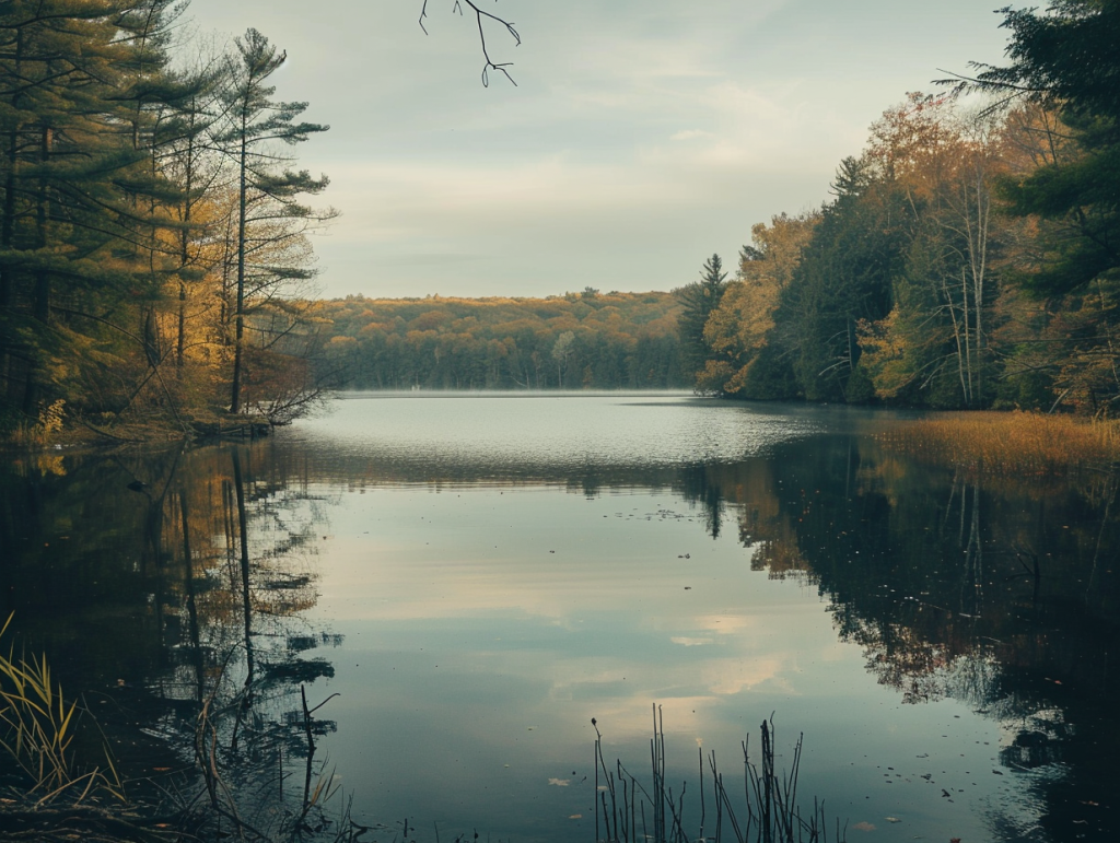 A Pocono mountain lake ringed by autumn forest at dawn, evoking calm and readiness for psychedelic therapy in Pennsylvania.
