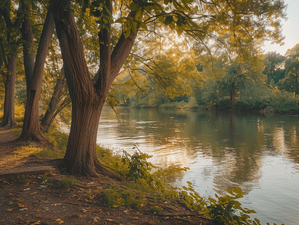 A calm Schuylkill riverbank lined with trees at golden hour, a calm landscape evoking readiness for psychedelic therapy in Philadelphia.