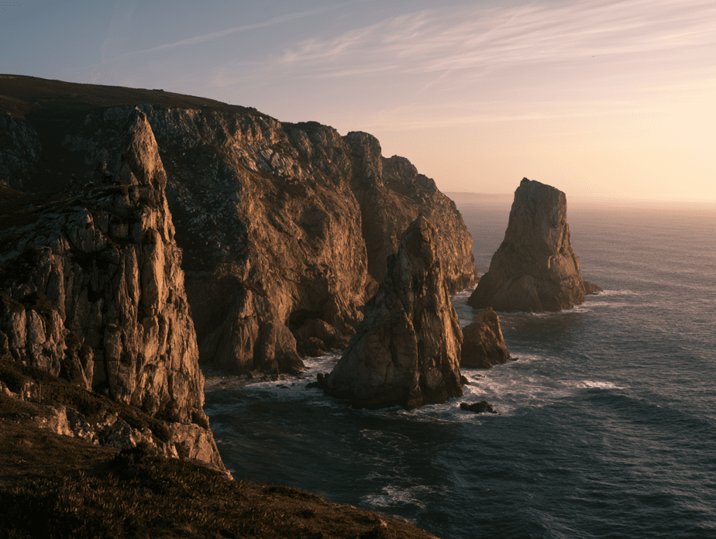 Atlantic coastal cliffs at golden hour, calm sea below, a calm landscape evoking readiness for psychedelic therapy in Portugal.