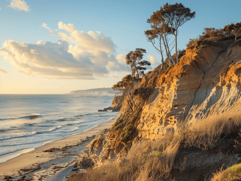 Torrey Pines bluffs above a calm Pacific at golden hour, a calm landscape evoking readiness for psychedelic therapy in San Diego.