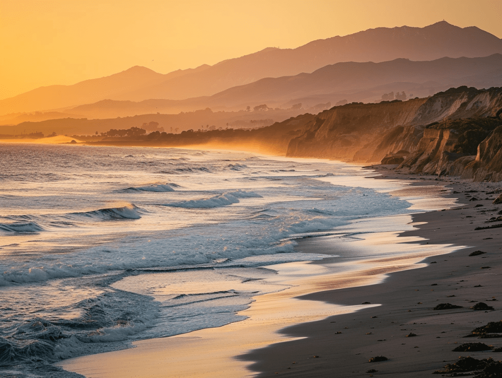 Coastal mountains meeting the sea at golden hour, a calm landscape evoking readiness for psychedelic therapy in Santa Barbara.