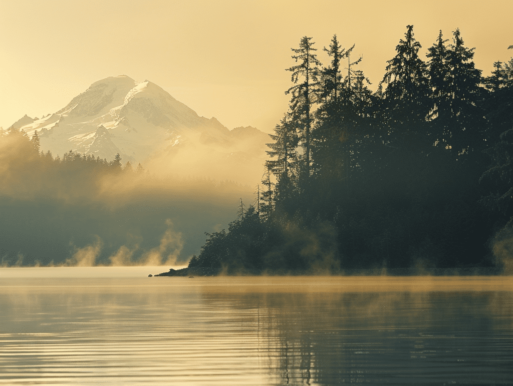 Puget Sound in soft mist with evergreens and Mount Rainier distant, a calm landscape evoking readiness for psilocybin therapy in Seattle.