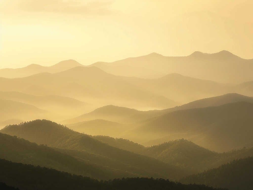 Great Smoky Mountain ridgelines at sunrise in golden haze, evoking calm and readiness for psychedelic therapy in Tennessee.
