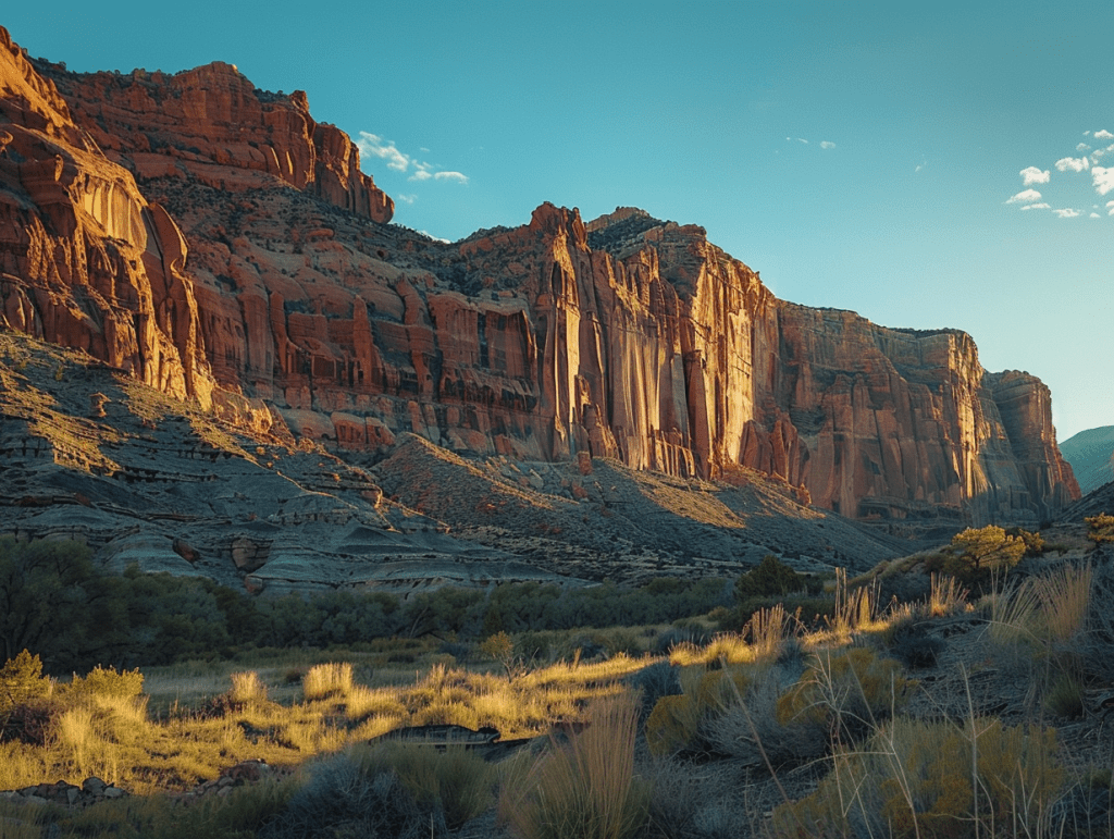 Red rock canyon walls at first light, serene high desert, a calm landscape evoking readiness for psychedelic therapy in Utah.
