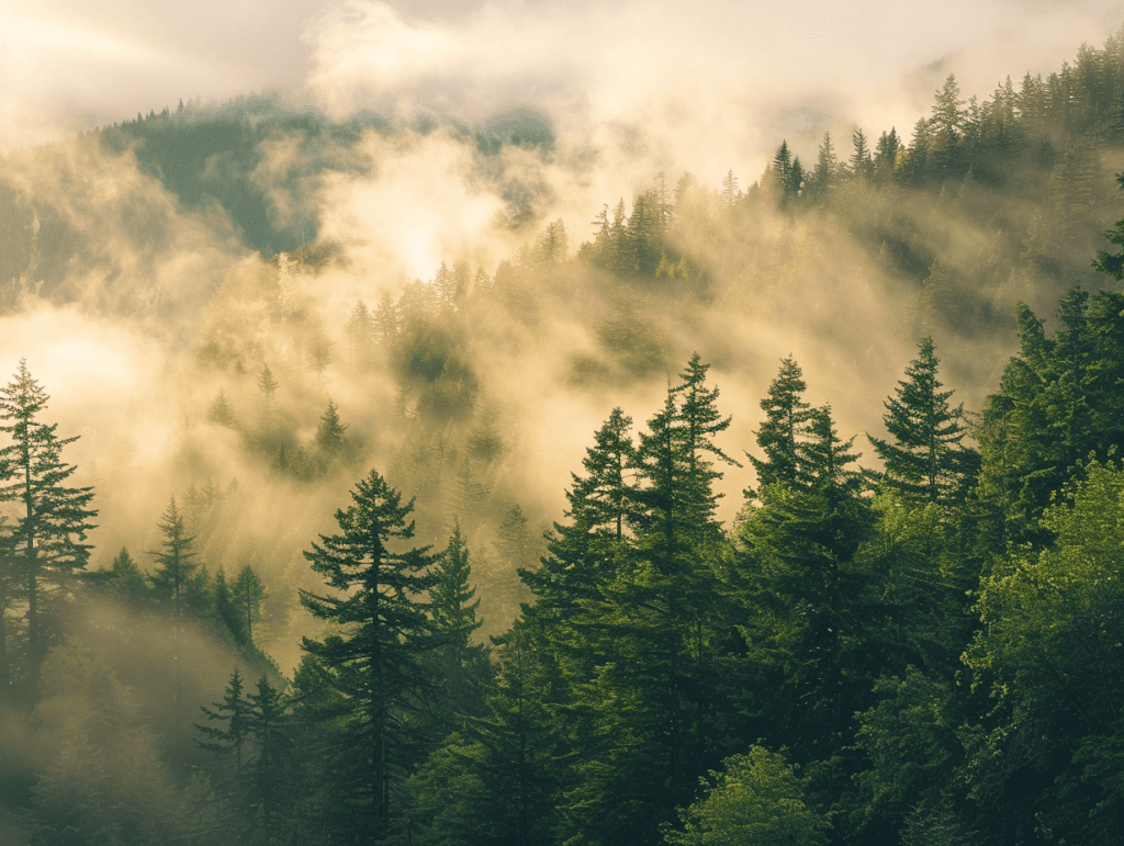 Cascade peaks and evergreen forest under low mist, a calm landscape evoking readiness for psilocybin therapy in Washington.