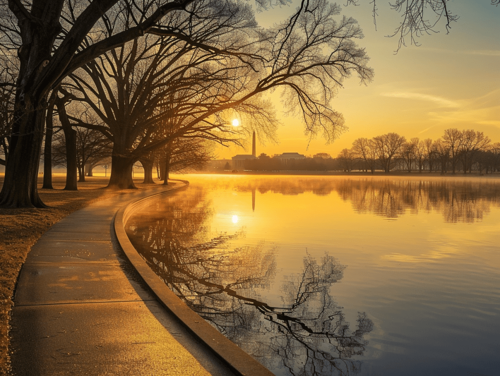 The Tidal Basin at dawn, still water and bare trees, soft light, a calm landscape evoking readiness for psychedelic therapy in Washington, DC.