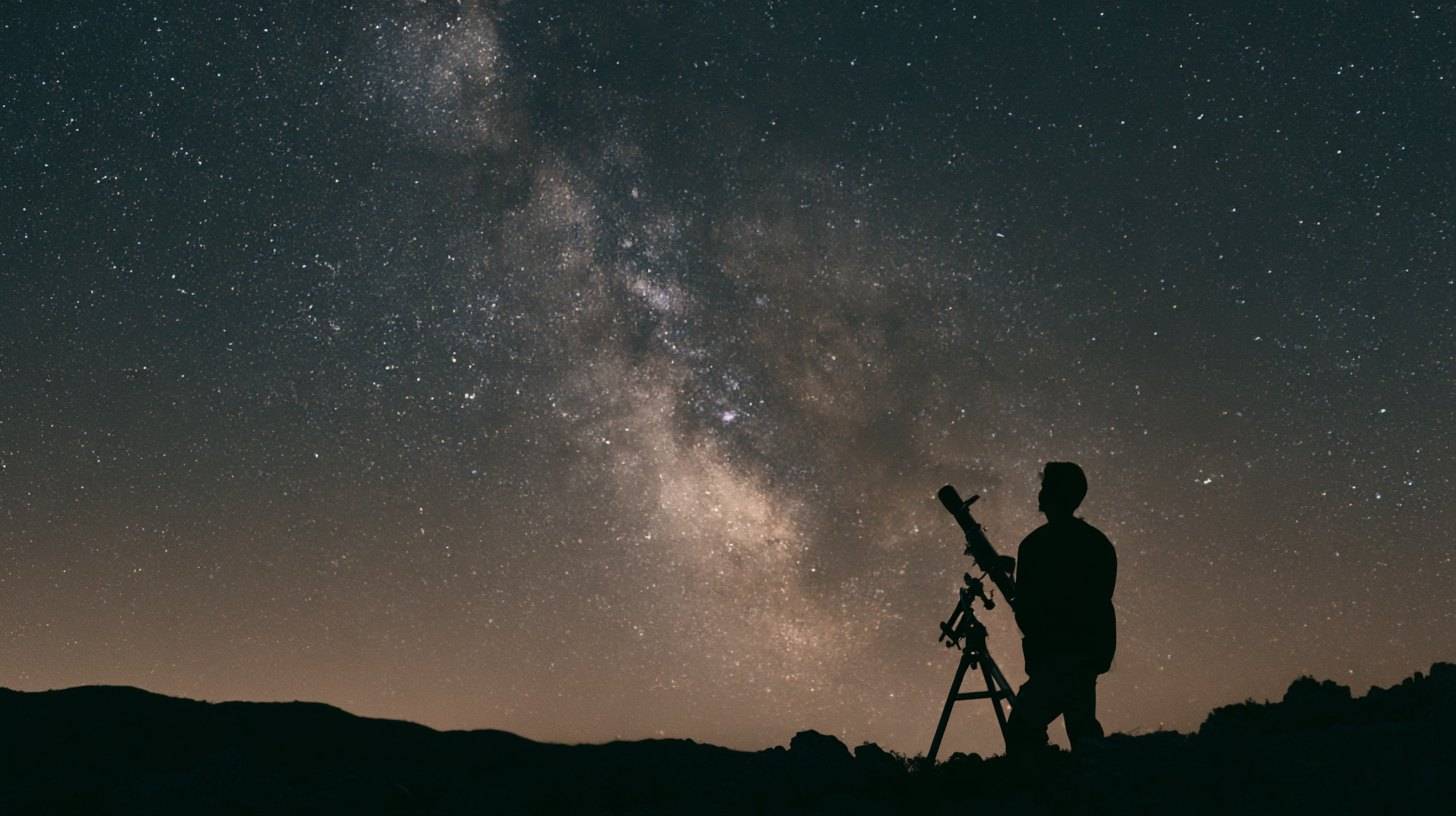 A lone figure stands beside a telescope beneath the Milky Way at night.