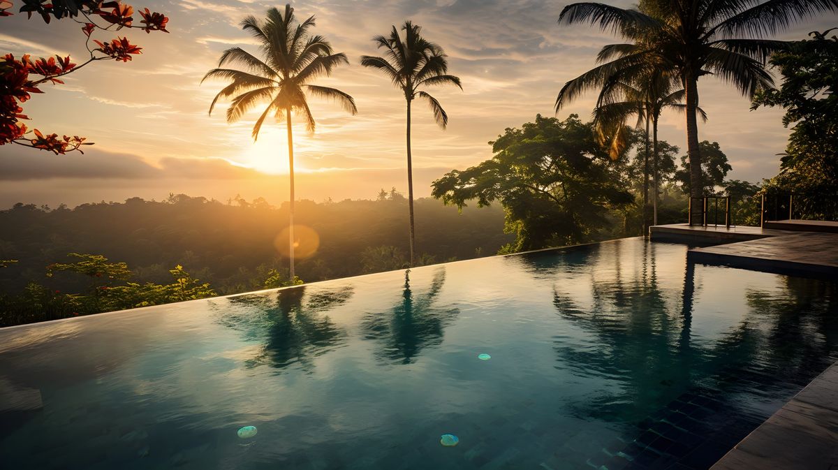 An infinity pool at sunrise overlooks misty tropical jungle framed by palm trees