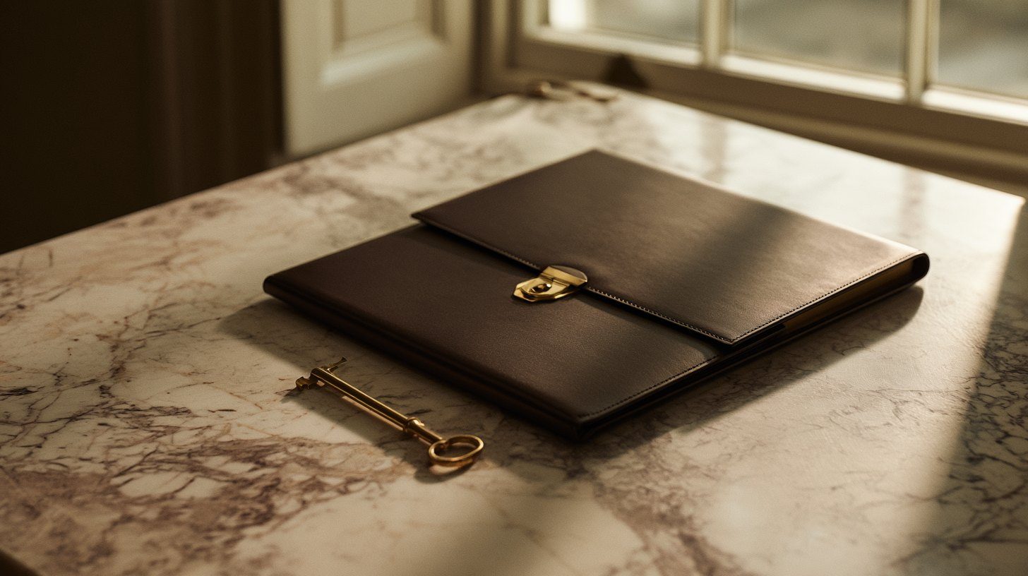A fine leather portfolio with a brass clasp resting on a marble surface beside a single gold key in soft daylight, evoking the discretion and safekeeping JourneyŌM holds for your personal information.