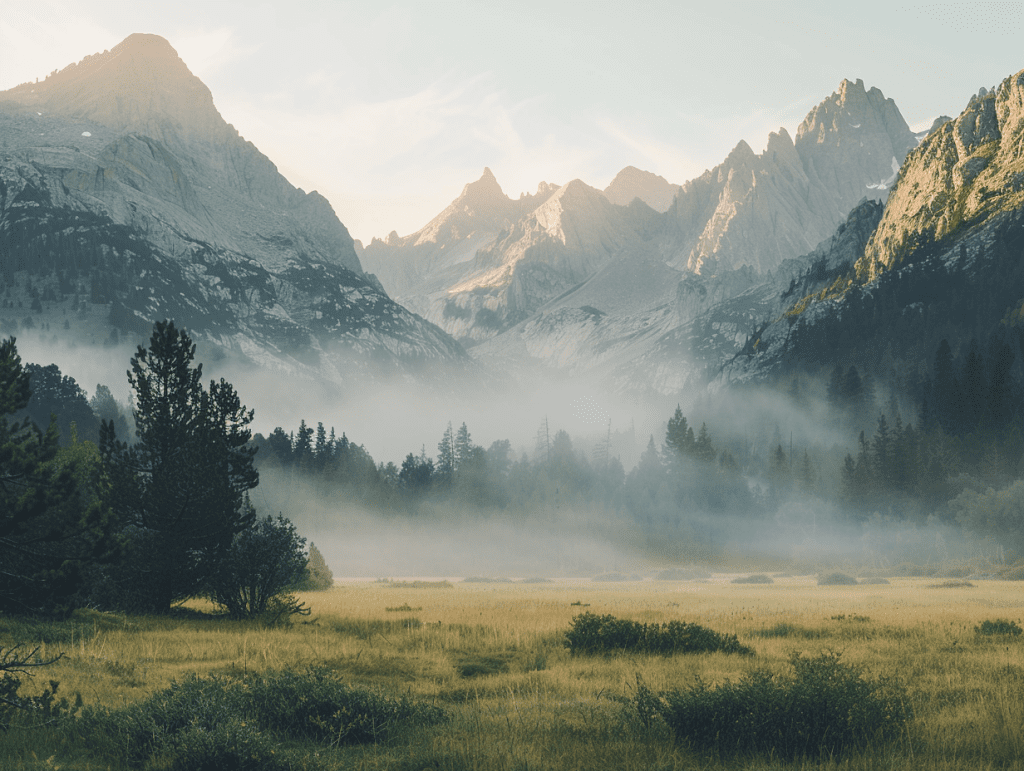 Rocky Mountain peaks at dawn above an alpine meadow, mist in the valleys, a calm landscape evoking readiness for psychedelic therapy in Colorado.