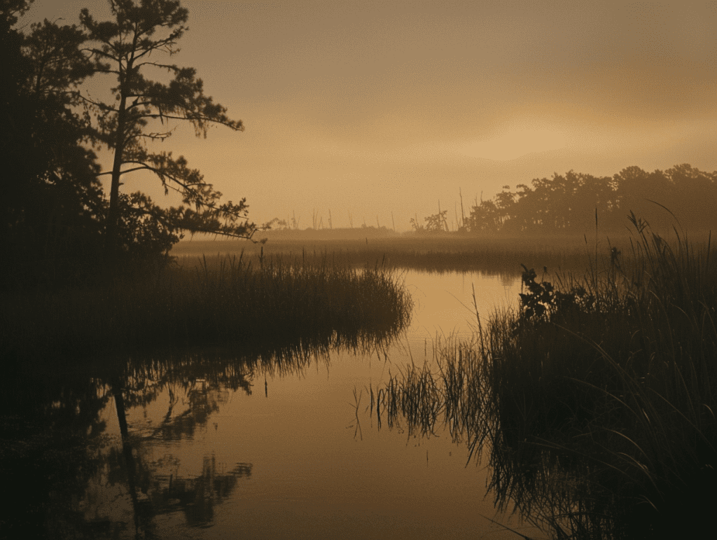 A quiet Gulf-coast bayou and wetlands at dusk, a calm landscape evoking readiness for psychedelic therapy in Houston.