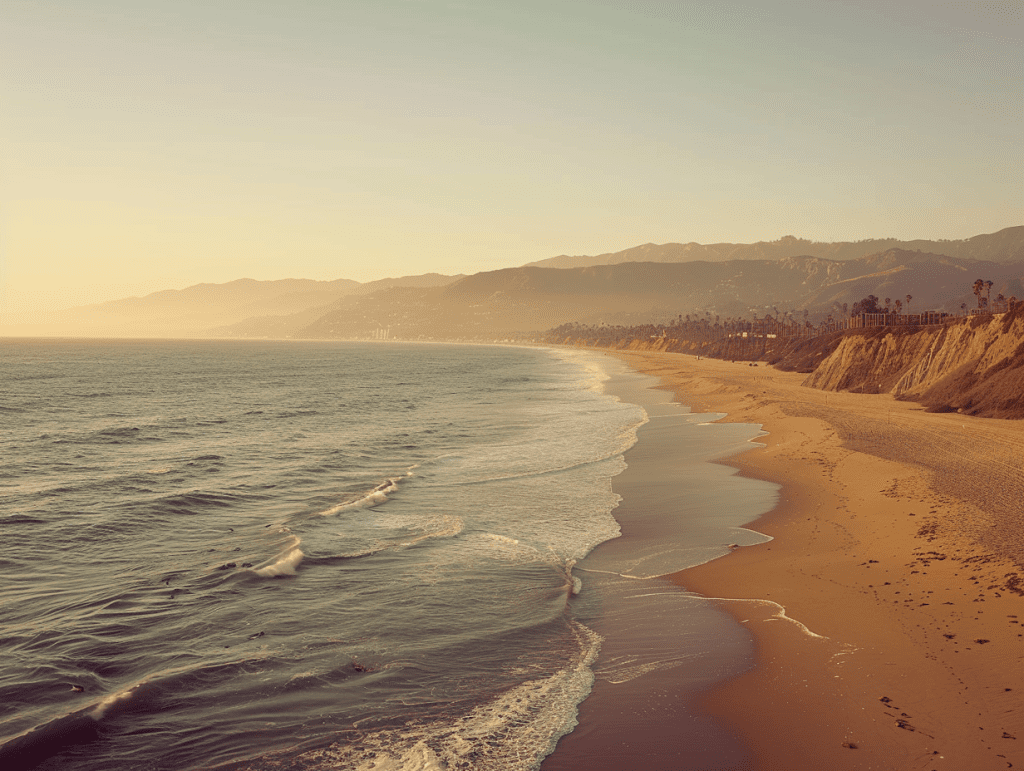 Calm Santa Monica coastline and low hills in warm hazy golden light, a calm landscape evoking readiness for psychedelic therapy in Los Angeles.