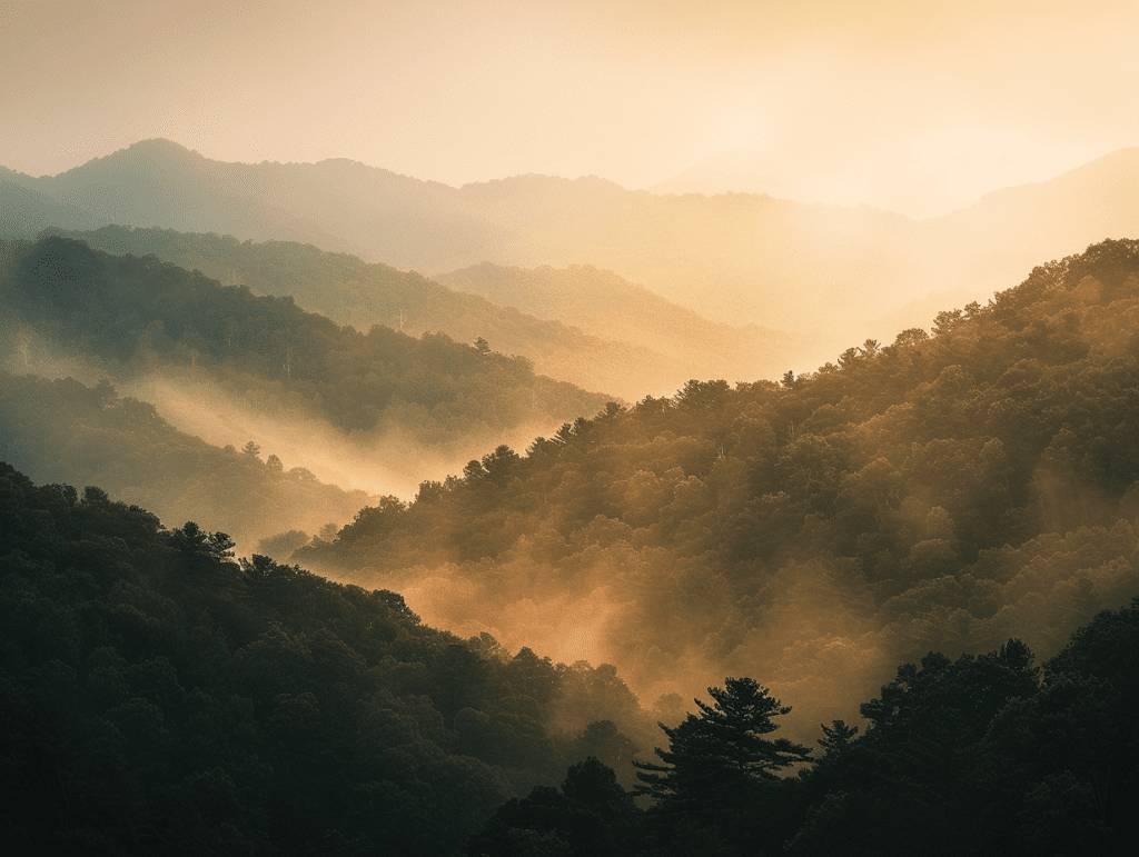 The Smoky Mountains layered in morning mist, a calm landscape evoking readiness for psychedelic therapy in North Carolina.