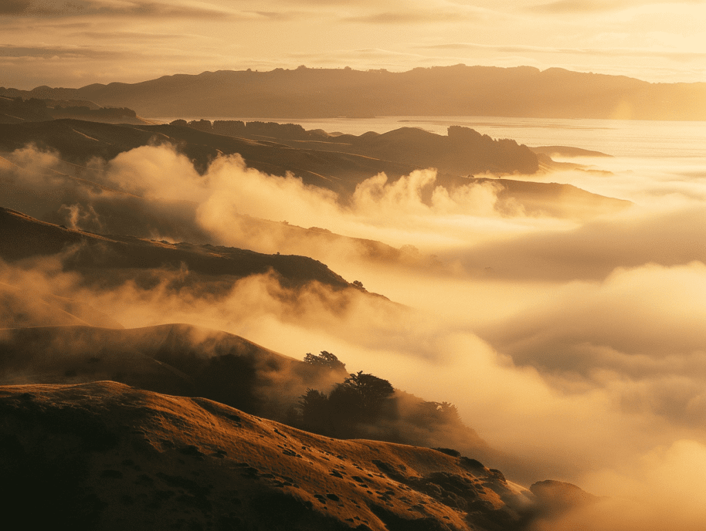 Fog drifting over golden bay hills at golden hour, a calm landscape evoking readiness for psychedelic therapy in San Francisco.
