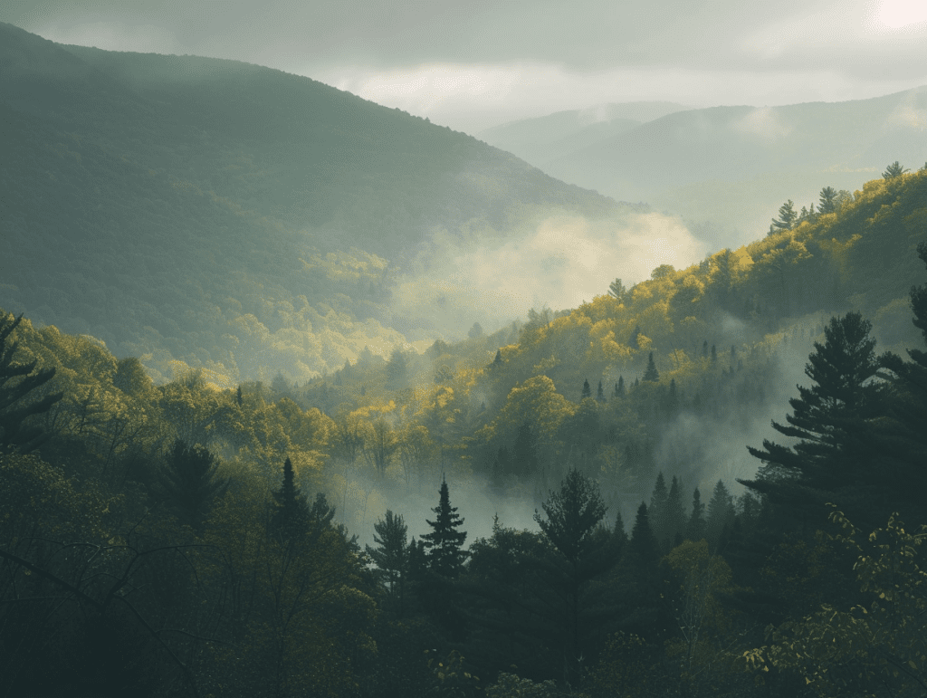 The Green Mountains in autumn, mist in the valley, a calm landscape evoking readiness for psychedelic therapy in Vermont.