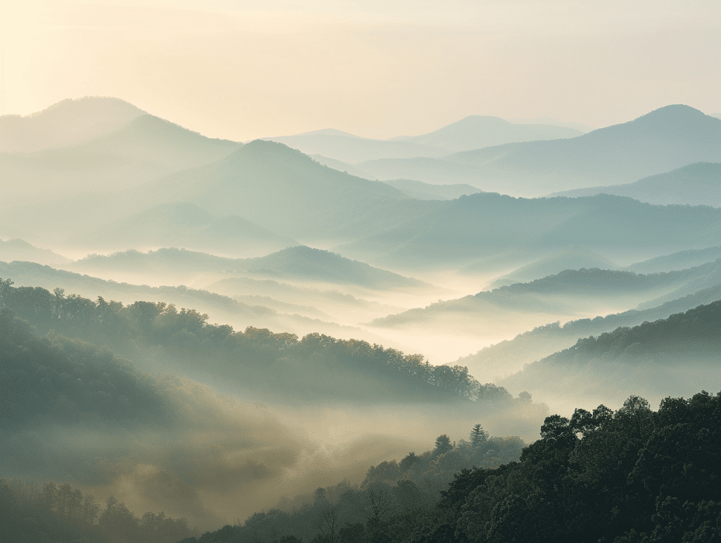 The Blue Ridge Mountains layered in morning mist, a calm landscape evoking readiness for psychedelic therapy in Virginia.