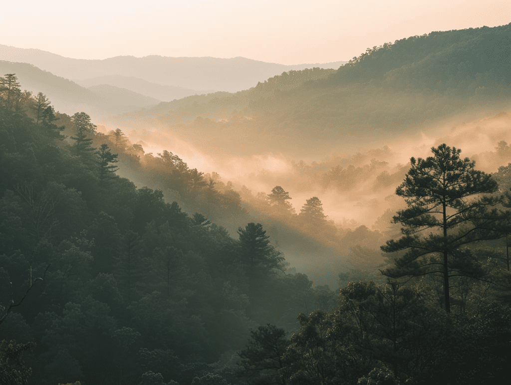 Misty Appalachian ridges and forest at first light, a calm landscape evoking readiness for psychedelic therapy in West Virginia.