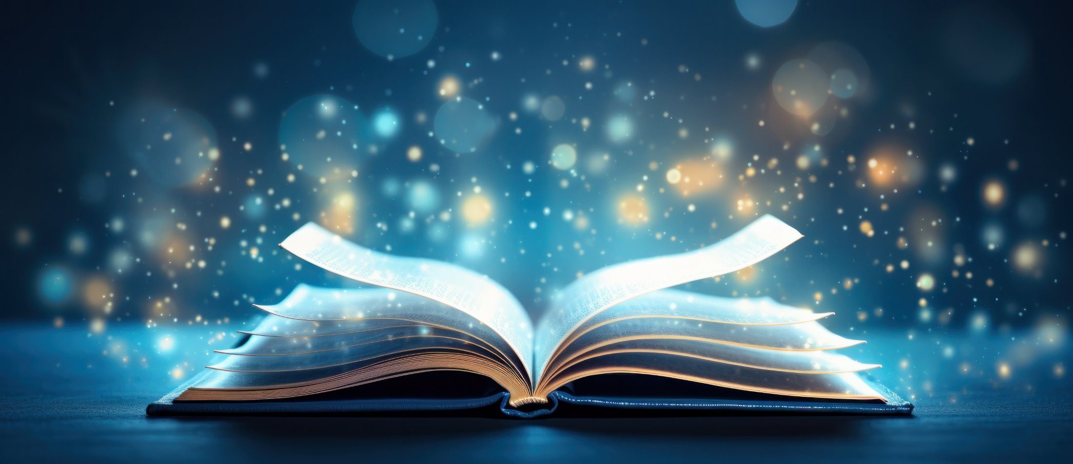 An open book glowing with soft light and rising motes against a deep blue field, evoking the curated knowledge and reflection that thoughtful preparation invites.