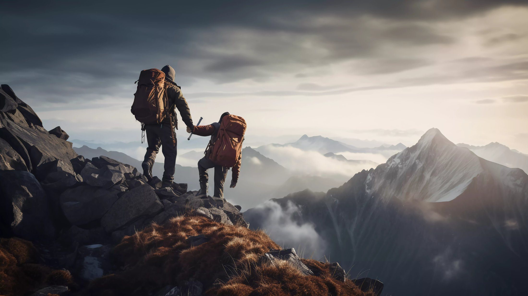Two hikers near a misty summit, one steadying the other over rocky ground.