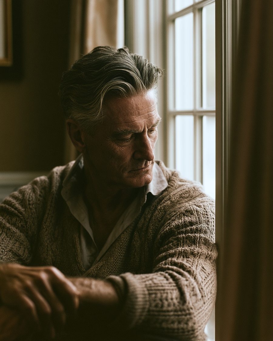 A distinguished older man rests by a window in soft light, quietly reflective, the calm of JourneyŌM's psychedelic concierge.